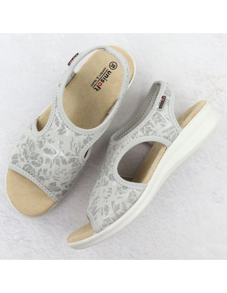 Sandały damskie na podwyższeniu elastyczne w kwiaty szare unisoft 7196