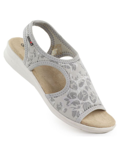 Sandały damskie na podwyższeniu elastyczne w kwiaty szare unisoft 7196