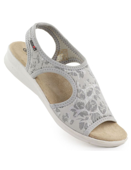 Sandały damskie na podwyższeniu elastyczne w kwiaty szare unisoft 7196