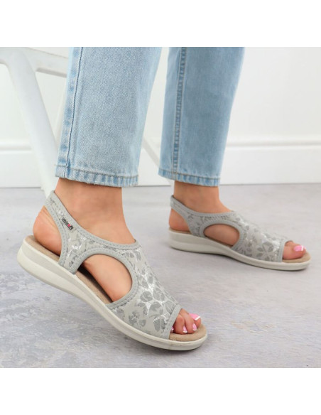 Sandały damskie na podwyższeniu elastyczne w kwiaty szare unisoft 7196