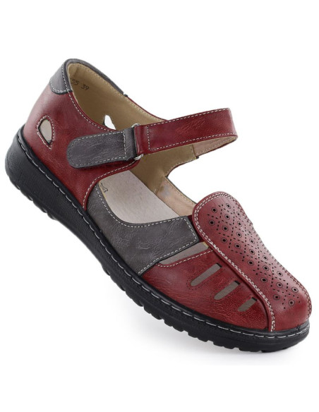 Półbuty damskie komfortowe na rzep ażurowe bordowe unisoft 9955