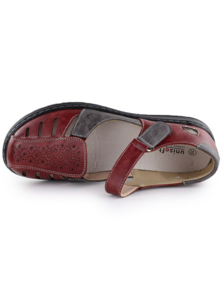 Półbuty damskie komfortowe na rzep ażurowe bordowe unisoft 9955