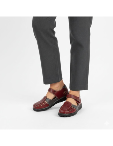 Półbuty damskie komfortowe na rzep ażurowe bordowe unisoft 9955