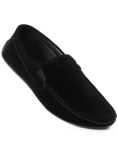 Zamszowe mokasyny męskie wsuwane ażurowe czarne news 4873