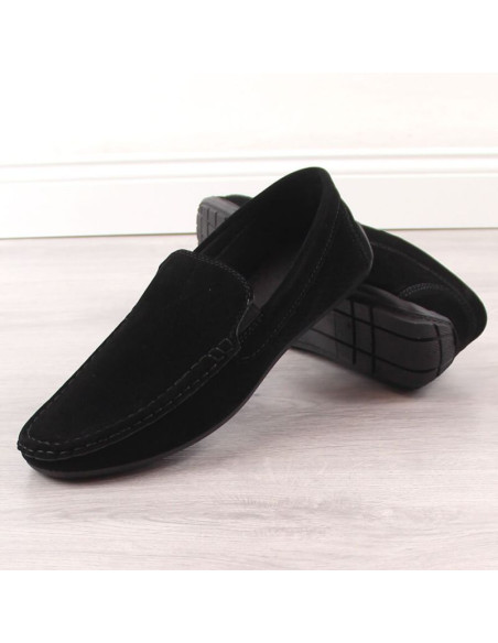 Zamszowe mokasyny męskie wsuwane ażurowe czarne news 4873