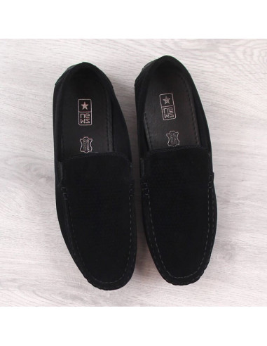 Zamszowe mokasyny męskie wsuwane ażurowe czarne news 4873