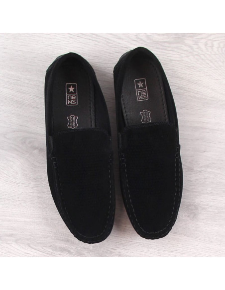 Zamszowe mokasyny męskie wsuwane ażurowe czarne news 4873