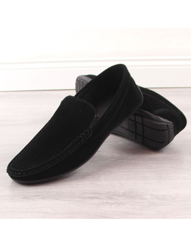 Zamszowe mokasyny męskie wsuwane ażurowe czarne news 4873