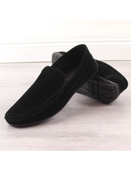 Zamszowe mokasyny męskie wsuwane ażurowe czarne news 4873