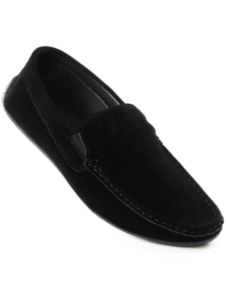 Zamszowe mokasyny męskie wsuwane ażurowe czarne news 4873