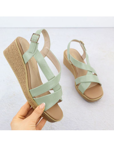 Sandały damskie na koturnie lakierowane zielone sergio leone sk298