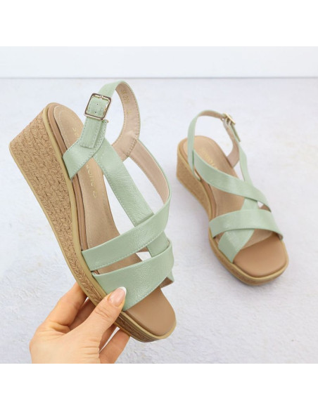 Sandały damskie na koturnie lakierowane zielone sergio leone sk298