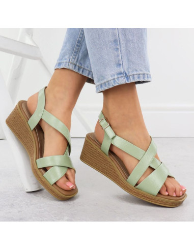 Sandały damskie na koturnie lakierowane zielone sergio leone sk298