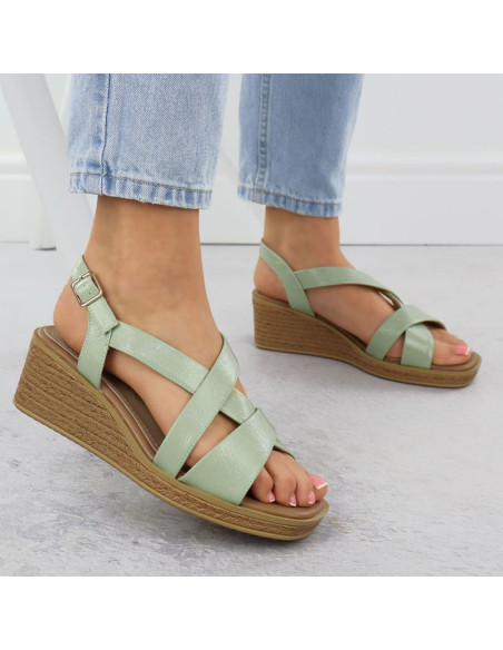 Sandały damskie na koturnie lakierowane zielone sergio leone sk298