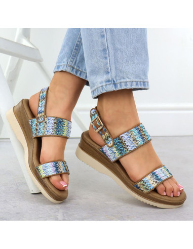 Sandały damskie na koturnie niebieska plecionka potocki  45302