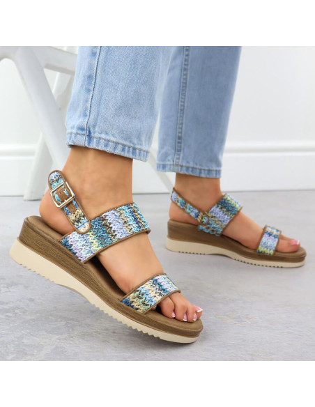 Sandały damskie na koturnie niebieska plecionka potocki  45302