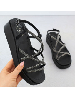 Sandały damskie rzymianki na koturnie z cyrkoniami czarne filippo  ds6898