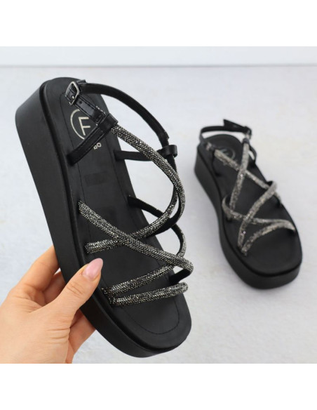 Sandały damskie rzymianki na koturnie z cyrkoniami czarne filippo  ds6898