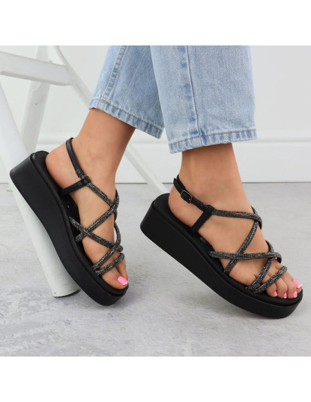 Sandały damskie rzymianki na koturnie z cyrkoniami czarne filippo  ds6898