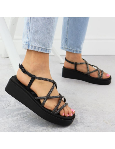 Sandały damskie rzymianki na koturnie z cyrkoniami czarne filippo  ds6898