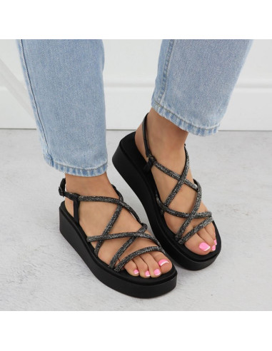 Sandały damskie rzymianki na koturnie z cyrkoniami czarne filippo  ds6898