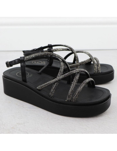 Sandały damskie rzymianki na koturnie z cyrkoniami czarne filippo  ds6898