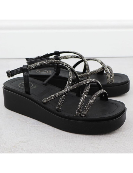 Sandały damskie rzymianki na koturnie z cyrkoniami czarne filippo  ds6898