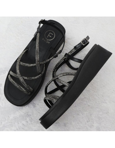 Sandały damskie rzymianki na koturnie z cyrkoniami czarne filippo  ds6898