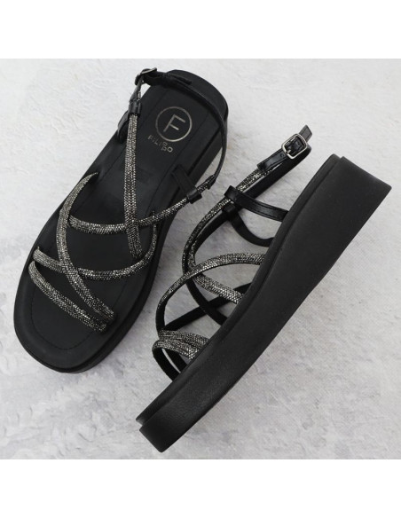 Sandały damskie rzymianki na koturnie z cyrkoniami czarne filippo  ds6898