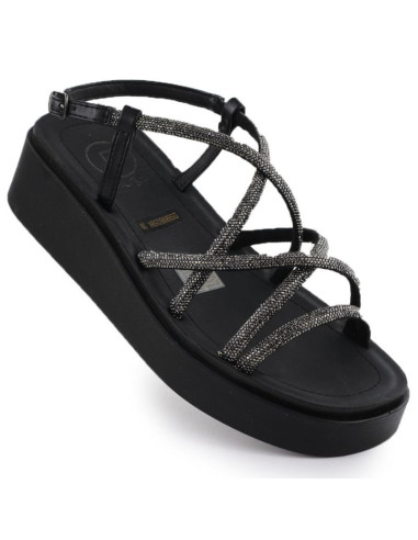 Sandały damskie rzymianki na koturnie z cyrkoniami czarne filippo  ds6898