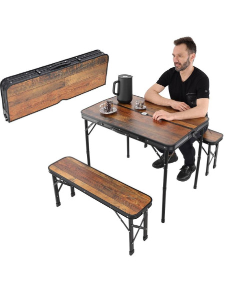 Stolik turystyczny składany kempingowy 90x60x70cm i 2 ławki 87x23x39cm drewno