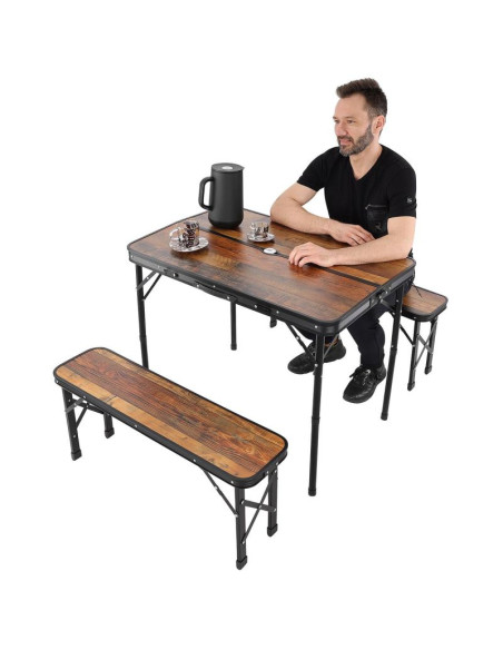 Stolik turystyczny składany kempingowy 90x60x70cm i 2 ławki 87x23x39cm drewno