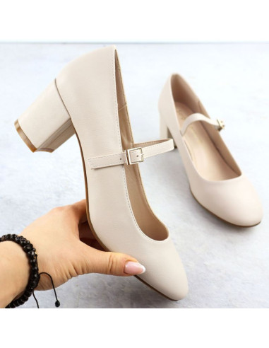 Czółenka na niskim obcasie z paskiem cieliste sergio leone pb176