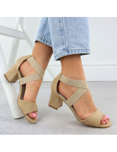 Sandały damskie na słupku wsuwane na gumki beżowe filippo  ds6920