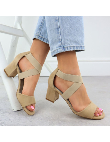 Sandały damskie na słupku wsuwane na gumki beżowe filippo  ds6920