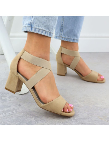 Sandały damskie na słupku wsuwane na gumki beżowe filippo  ds6920