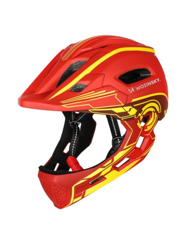 Kask rowerowy fullface dziecięcy wozinsky z tylną lampką usb 52-56 cm - czerwono-żółty