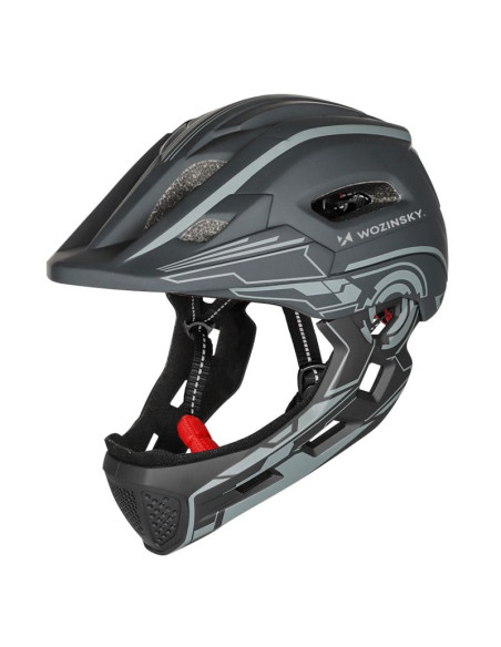 Kask rowerowy fullface dziecięcy wozinsky z tylną lampką usb 52-56 cm - szary