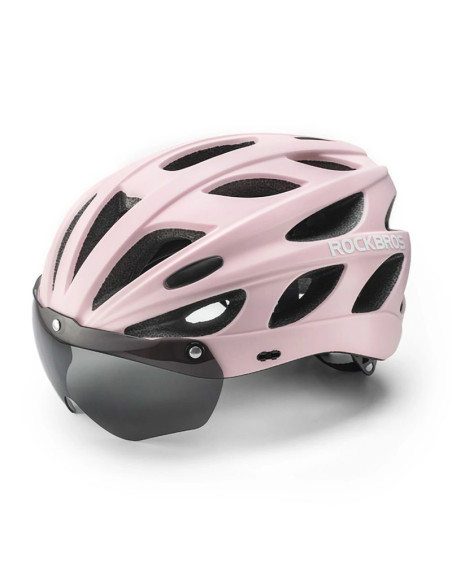 Kask rowerowy rockbros z szybką, odpinane okulary z ochroną uv, odłączany daszek, unisex - różowy