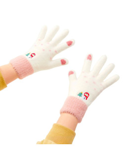 Rękawiczki zimowe do telefonu damskie z bałwankiem i choinką - biało-różowe