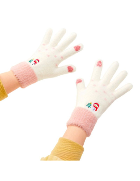 Rękawiczki zimowe do telefonu damskie z bałwankiem i choinką - biało-różowe