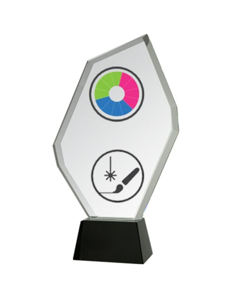 Trofeum szklane z nadrukiem kolorowym luxorjet, grawerowaniem oraz wypełnieniem farbą i etui