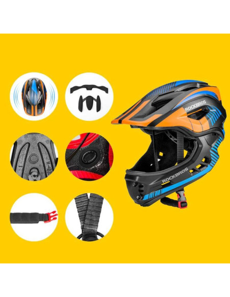 Kask rowerowy rockbros tt-32sobl-s dziecięcy z odpinaną szczęką rozmiar s - czarno-pomarańczowy