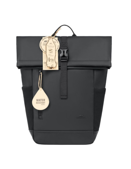 Rivacase eden plecak plecak rolowany czarny poliester, skóra woskowana (pull up)