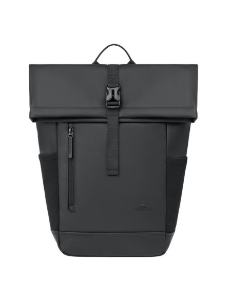 Rivacase eden plecak plecak rolowany czarny poliester, skóra woskowana (pull up)