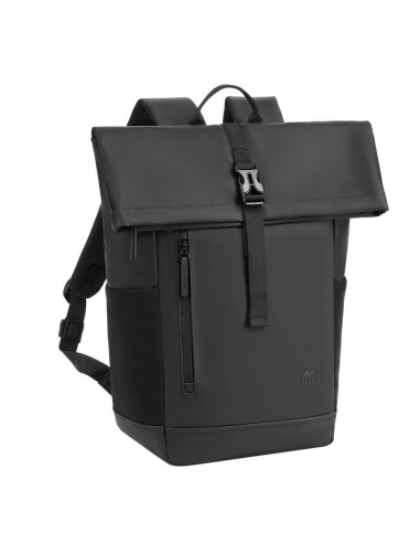Rivacase eden plecak plecak rolowany czarny poliester, skóra woskowana (pull up)
