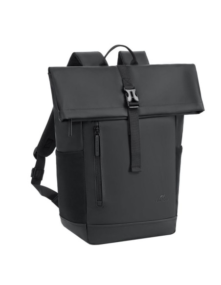 Rivacase eden plecak plecak rolowany czarny poliester, skóra woskowana (pull up)