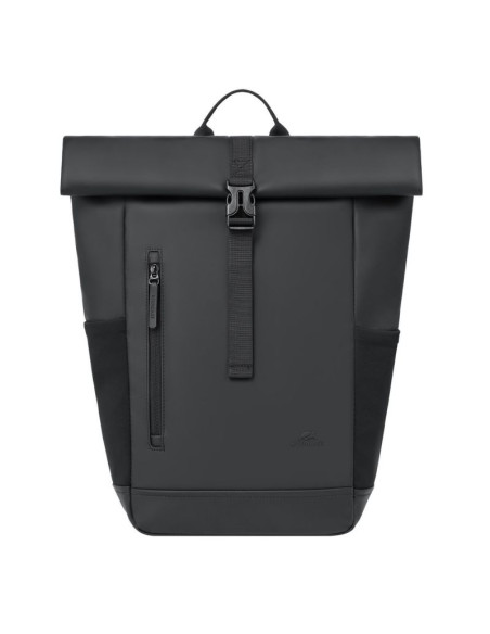 Rivacase eden plecak plecak rolowany czarny poliester, skóra woskowana (pull up)