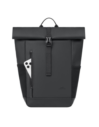 Rivacase eden plecak plecak rolowany czarny poliester, skóra woskowana (pull up)