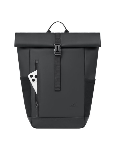 Rivacase eden plecak plecak rolowany czarny poliester, skóra woskowana (pull up)
